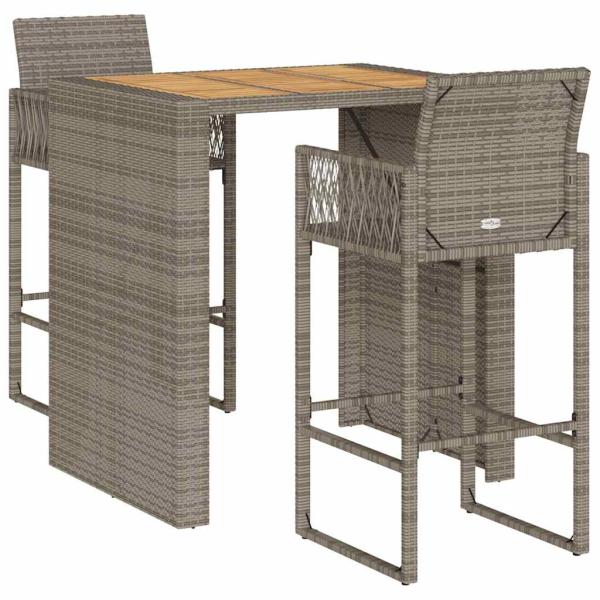 3-tlg. Gartenbar-Set ohne Kissen Grau Poly Rattan Akazie