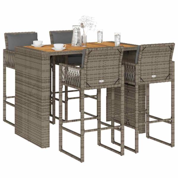 ARDEBO.de - 5-tlg. Gartenbar-Set mit Kissen Grau Poly Rattan Akazie