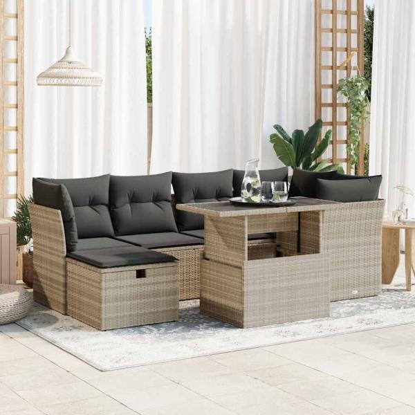 ARDEBO.de - 7-tlg. Garten-Sofagarnitur mit Kissen Hellgrau Poly Rattan