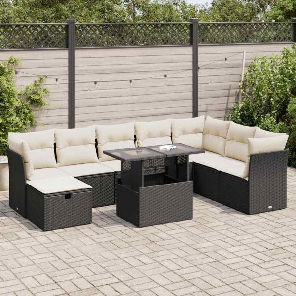 ARDEBO.de - 9-tlg. Garten-Sofagarnitur mit Kissen Schwarz Poly Rattan