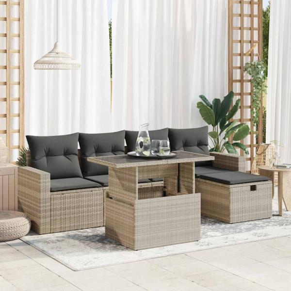 ARDEBO.de - 6-tlg. Garten-Sofagarnitur mit Kissen Hellgrau Poly Rattan