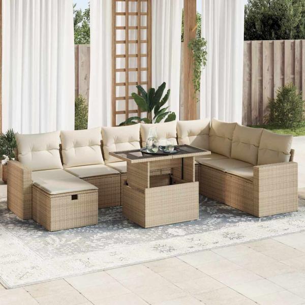 ARDEBO.de - 9-tlg. Garten-Sofagarnitur mit Kissen Beige Poly Rattan