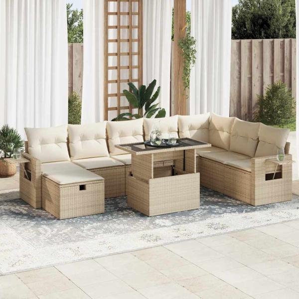 ARDEBO.de - 9-tlg. Garten-Sofagarnitur mit Kissen Beige Poly Rattan