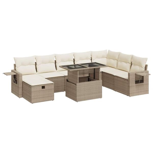 9-tlg. Garten-Sofagarnitur mit Kissen Beige Poly Rattan