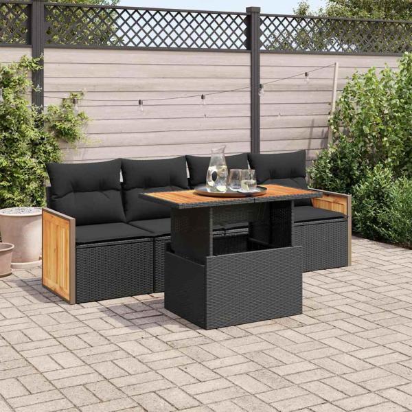 ARDEBO.de - 5tlg. Garten-Sofagarnitur mit Kissen Schwarz Poly Rattan Akazie