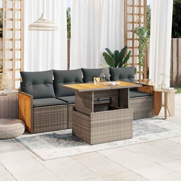 ARDEBO.de - 5-tlg. Garten-Sofagarnitur mit Kissen Grau Poly Rattan Akazie