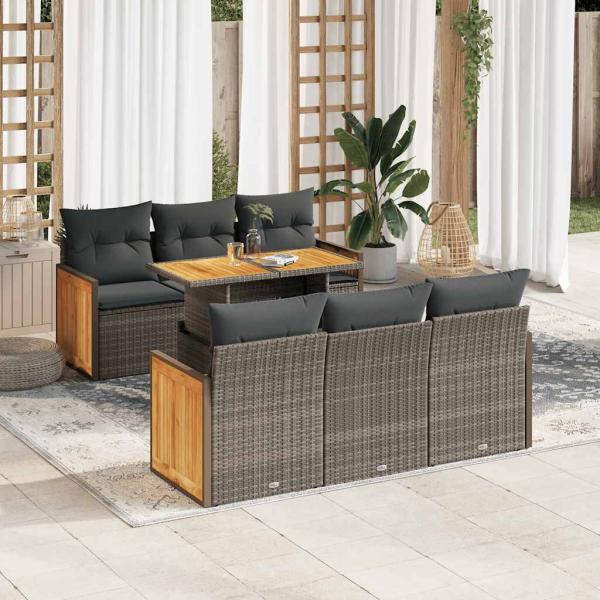 ARDEBO.de - 7-tlg. Garten-Sofagarnitur mit Kissen Grau Poly Rattan Akazie