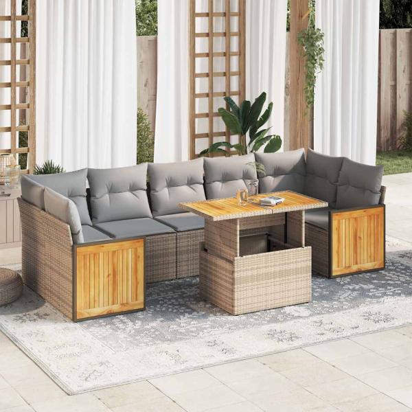 ARDEBO.de - 8-tlg. Garten-Sofagarnitur mit Kissen Beige Poly Rattan Akazie