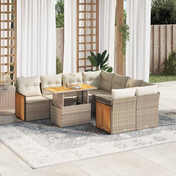 ARDEBO.de - 9-tlg. Garten-Sofagarnitur mit Kissen Beige Poly Rattan Akazie