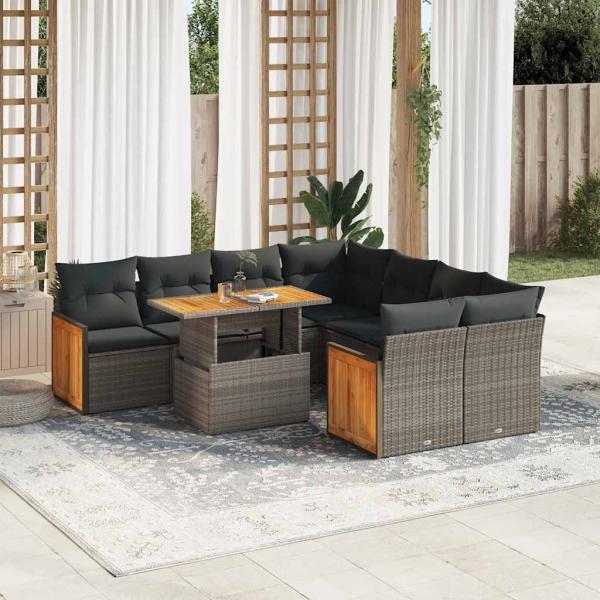 ARDEBO.de - 9-tlg. Garten-Sofagarnitur mit Kissen Grau Poly Rattan Akazie
