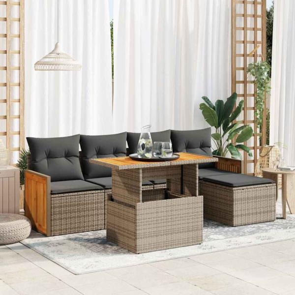 ARDEBO.de - 6-tlg. Garten-Sofagarnitur mit Kissen Grau Poly Rattan Akazie