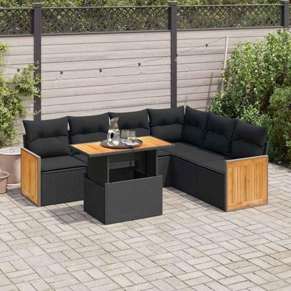 ARDEBO.de - 7-tlg. Garten-Sofagarnitur mit Kissen Schwarz Poly Rattan