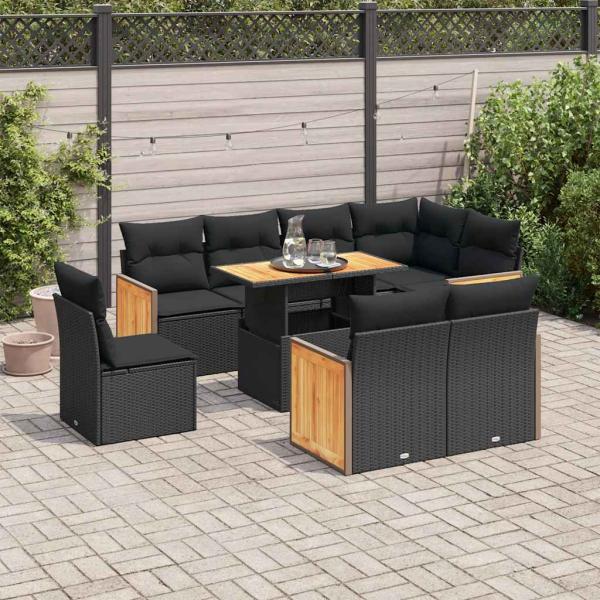 ARDEBO.de - 9-tlg. Garten-Sofagarnitur mit Kissen Schwarz Poly Rattan