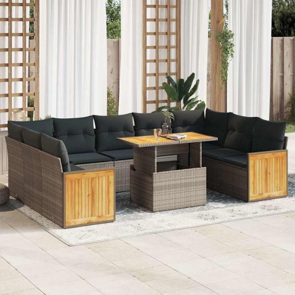 ARDEBO.de - 10-tlg. Garten-Sofagarnitur mit Kissen Grau Poly Rattan Akazie