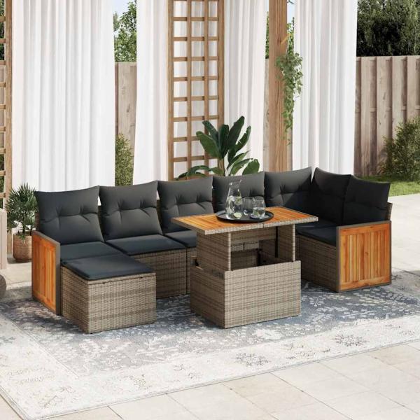 ARDEBO.de - 7-tlg. Garten-Sofagarnitur mit Kissen Grau Poly Rattan Akazie