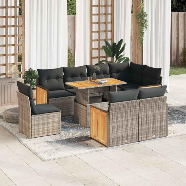 ARDEBO.de - 9-tlg. Garten-Sofagarnitur mit Kissen Grau Poly Rattan Akazie