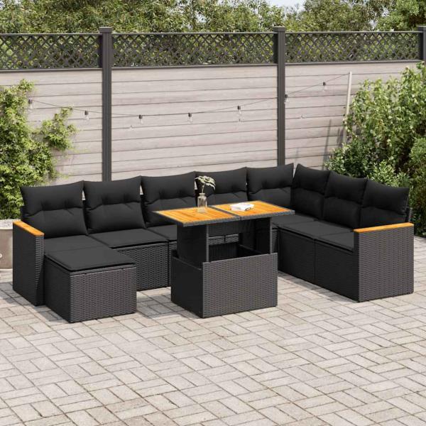 ARDEBO.de - 9-tlg. Garten-Sofagarnitur mit Kissen Schwarz Poly Rattan