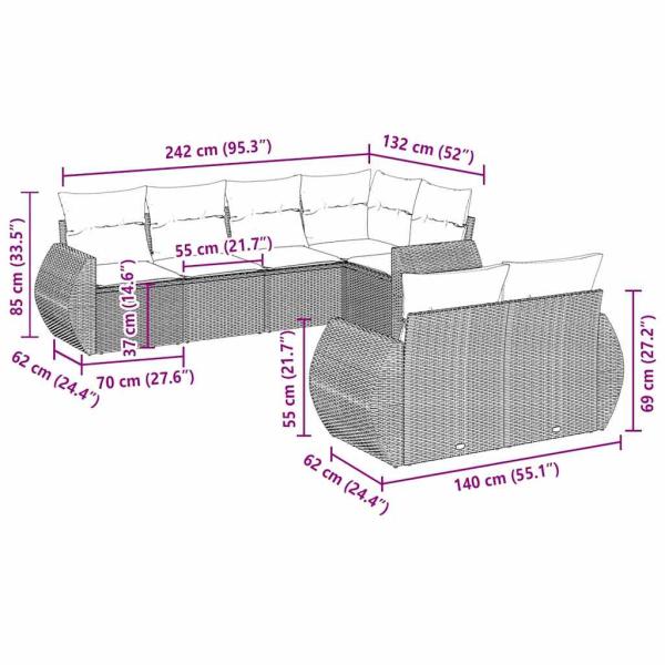 7-tlg. Garten-Sofagarnitur mit Kissen Hellgrau Poly Rattan