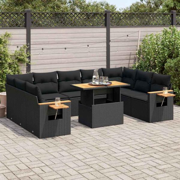 ARDEBO.de - 10-tlg. Garten-Sofagarnitur mit Kissen Schwarz Poly Rattan