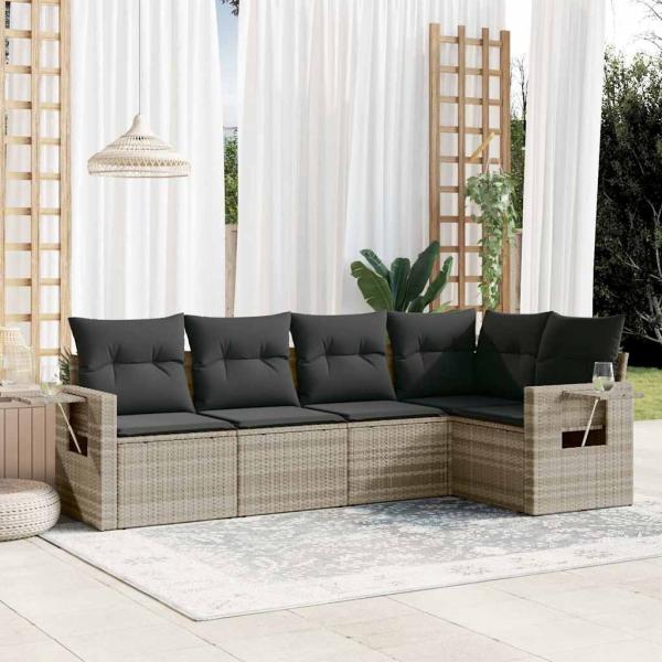 ARDEBO.de - 5-tlg. Garten-Sofagarnitur mit Kissen Hellgrau Poly Rattan