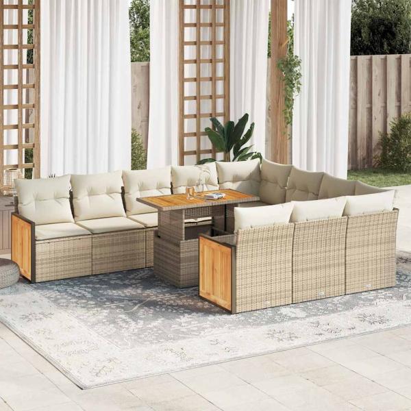 ARDEBO.de - 11-tlg. Garten-Sofagarnitur mit Kissen Beige Poly Rattan Akazie