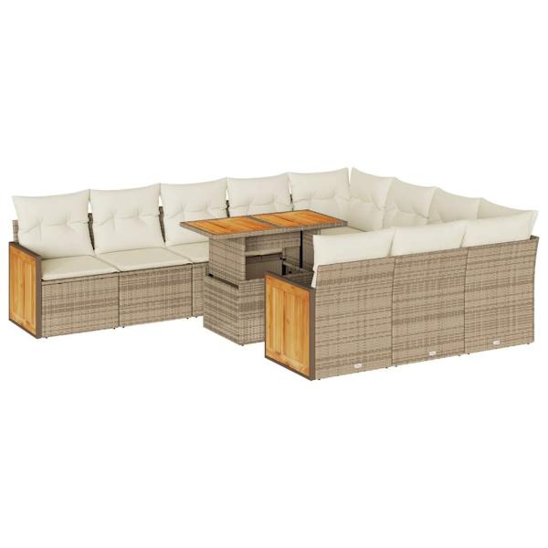 11-tlg. Garten-Sofagarnitur mit Kissen Beige Poly Rattan Akazie