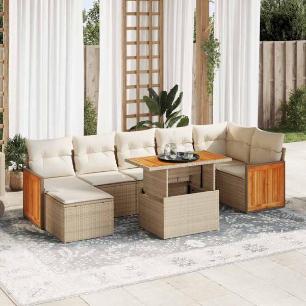 ARDEBO.de - 7-tlg. Garten-Sofagarnitur mit Kissen Beige Poly Rattan Akazie