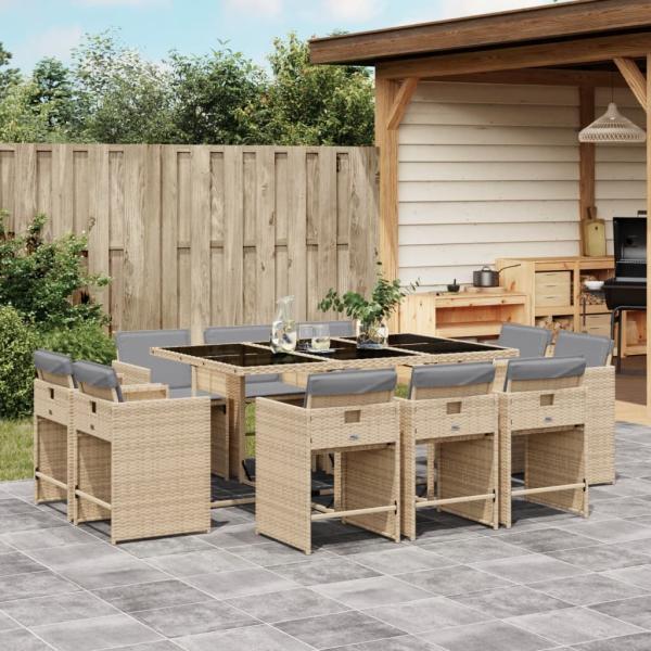 ARDEBO.de - 11-tlg. Garten-Essgruppe mit Kissen Beigemischung Poly Rattan