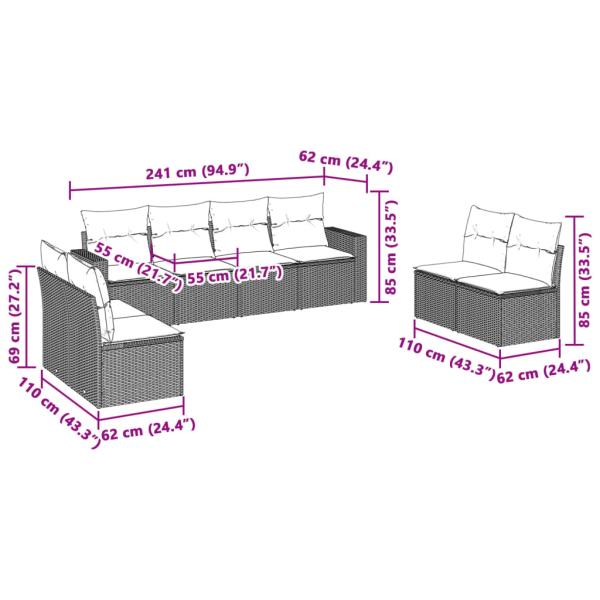8-tlg. Garten-Sofagarnitur mit Kissen Hellgrau Poly Rattan