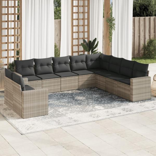 ARDEBO.de - 10-tlg. Garten-Sofagarnitur mit Kissen Hellgrau Poly Rattan