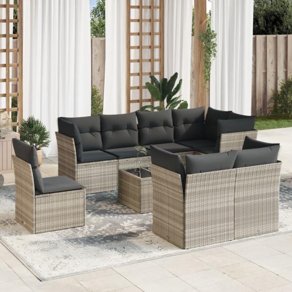 ARDEBO.de - 9-tlg. Garten-Sofagarnitur mit Kissen Hellgrau Poly Rattan
