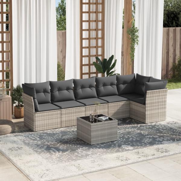 ARDEBO.de - 7-tlg. Garten-Sofagarnitur mit Kissen Hellgrau Poly Rattan