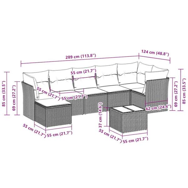 8-tlg. Garten-Sofagarnitur mit Kissen Hellgrau Poly Rattan