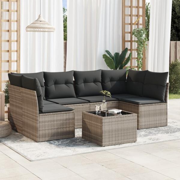 ARDEBO.de - 7-tlg. Garten-Sofagarnitur mit Kissen Hellgrau Poly Rattan