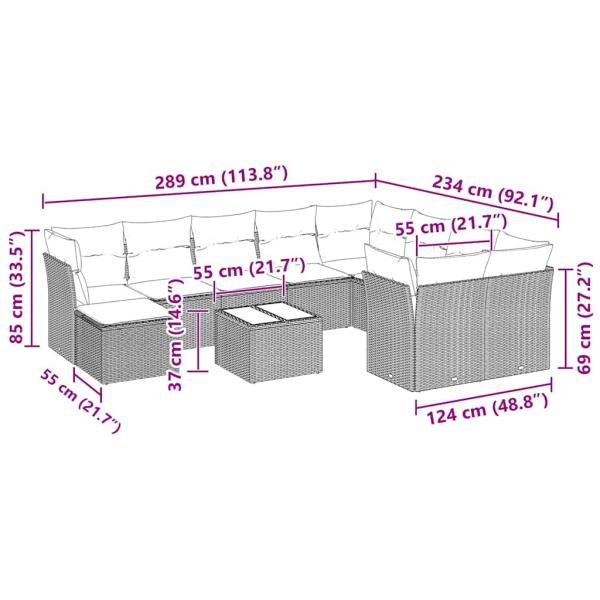 11-tlg. Garten-Sofagarnitur mit Kissen Hellgrau Poly Rattan