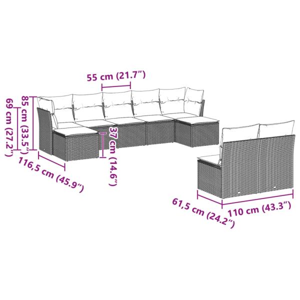 9-tlg. Garten-Sofagarnitur mit Kissen Hellgrau Poly Rattan