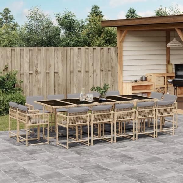 ARDEBO.de - 15-tlg. Garten-Essgruppe mit Kissen Beigemischung Poly Rattan