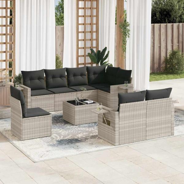 ARDEBO.de - 9-tlg. Garten-Sofagarnitur mit Kissen Hellgrau Poly Rattan