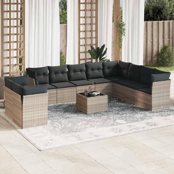 ARDEBO.de - 11-tlg. Garten-Sofagarnitur mit Kissen Hellgrau Poly Rattan