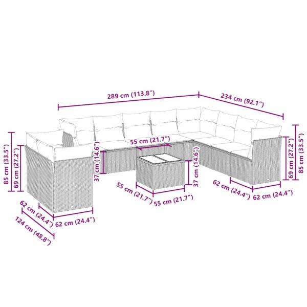 11-tlg. Garten-Sofagarnitur mit Kissen Hellgrau Poly Rattan