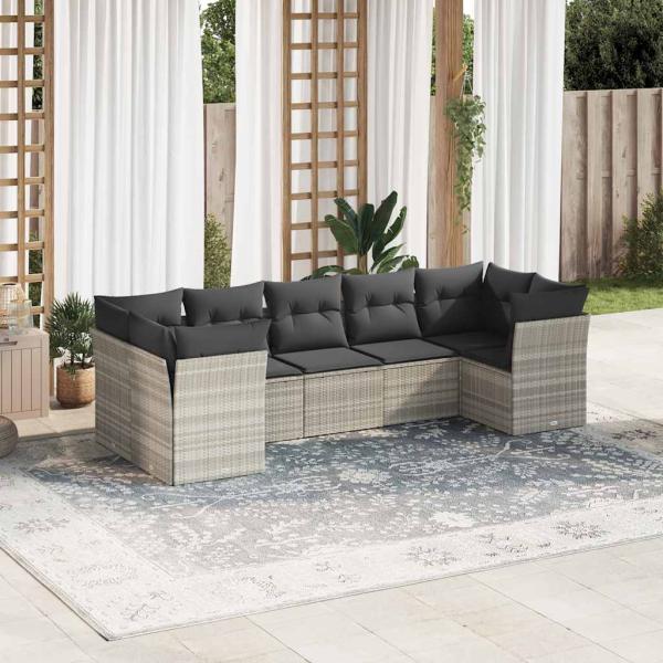 ARDEBO.de - 7-tlg. Garten-Sofagarnitur mit Kissen Hellgrau Poly Rattan
