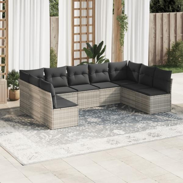 ARDEBO.de - 9-tlg. Garten-Sofagarnitur mit Kissen Hellgrau Poly Rattan
