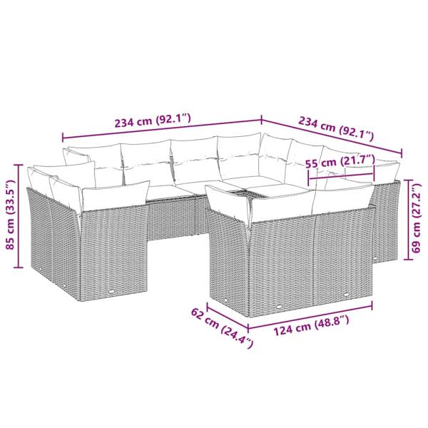 11-tlg. Garten-Sofagarnitur mit Kissen Hellgrau Poly Rattan