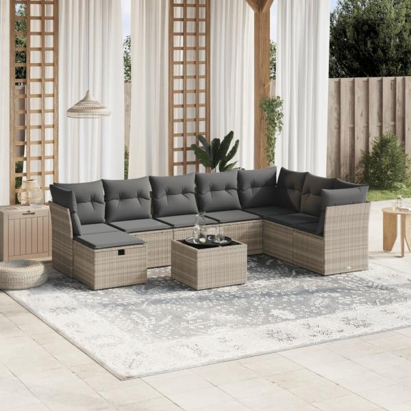 ARDEBO.de - 9-tlg. Garten-Sofagarnitur mit Kissen Hellgrau Poly Rattan