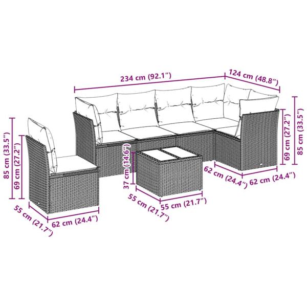 7-tlg. Garten-Sofagarnitur mit Kissen Hellgrau Poly Rattan