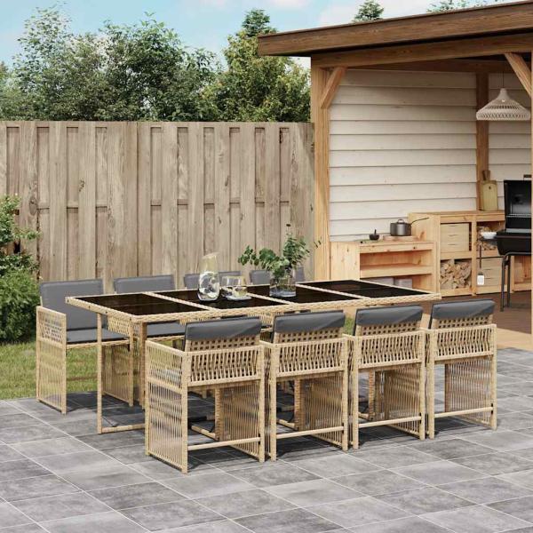ARDEBO.de - 9-tlg. Garten-Essgruppe mit Kissen Beigemischung Poly Rattan