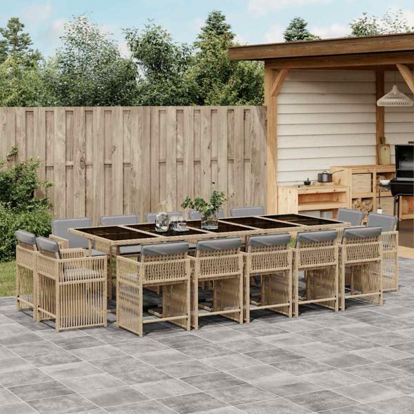 ARDEBO.de - 15-tlg. Garten-Essgruppe mit Kissen Beigemischung Poly Rattan