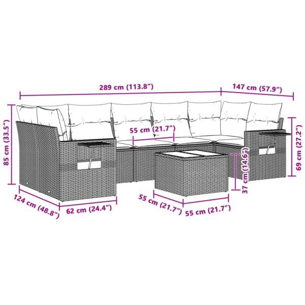 8-tlg. Garten-Sofagarnitur mit Kissen Hellgrau Poly Rattan