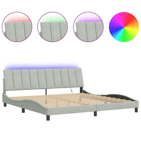 Bettgestell mit LED-Leuchten Hellgrau 200x200 cm Samt