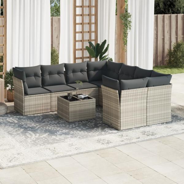 ARDEBO.de - 9-tlg. Garten-Sofagarnitur mit Kissen Hellgrau Poly Rattan